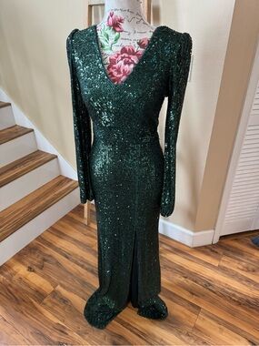 Xscape Emerald Green Sequin Long Sleeve V-Neck Gown